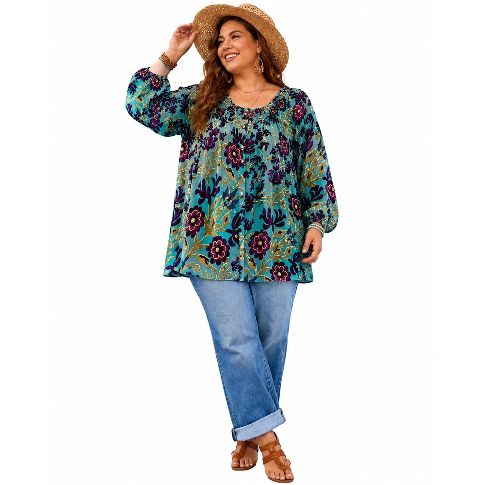 Sundance Women XL Velvet Burnout Peasant Top Silk Blend Sheer Blouse Boho Aqua